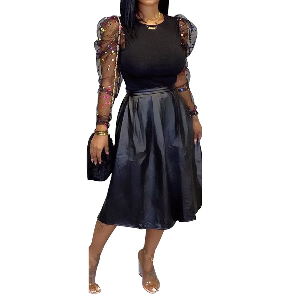 Комплект из двух предметов с юбкой сетчатый топ длинными рукавами и ПУ кожа