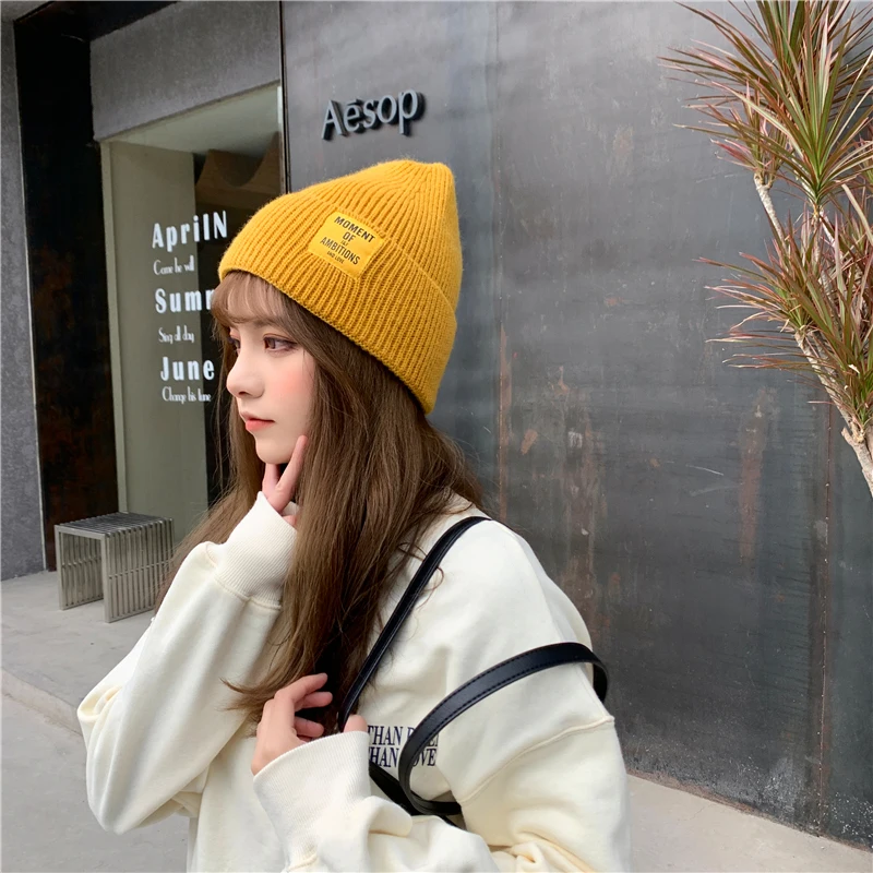 Однотонные осенне-зимние вязаные шерстяные женские облегающие шапки 2021 вязаная