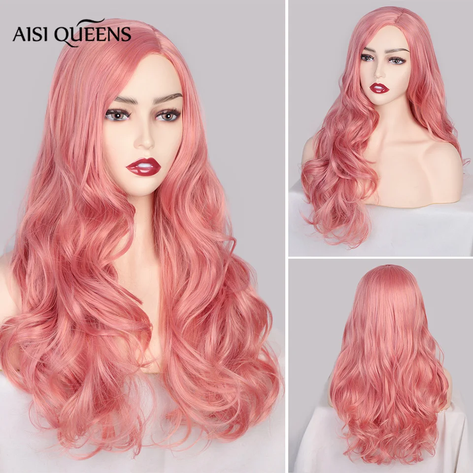 

Синтетические розовые парики AISI QUEENS, длинный волнистый парик для женщин, черный, белый, натуральные свободные детали, волосы для косплея, ср...