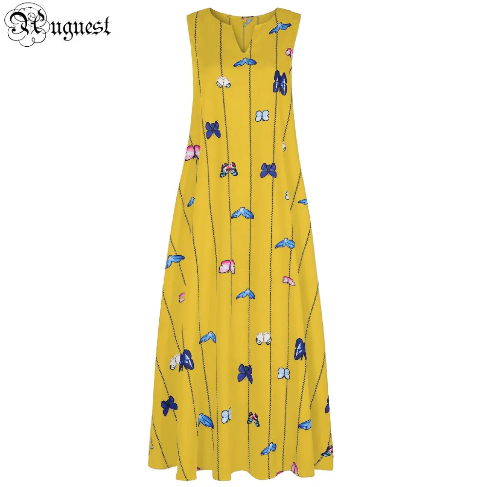 

Uguest Women Bohemian Maxi Long Dress Plus Size Butterfly Printed Pleated Sleeveless A-line Ankle Length Summer Vacation Dress