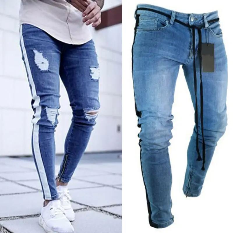 Мужские узкие Стрейчевые облегающие брюки в полоску джинсы на молнии | Мужская