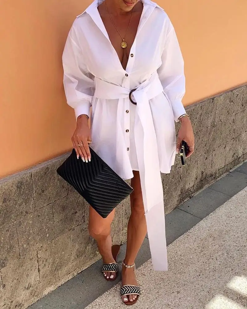 

Fashionable and elegant loose lace solid color casual shirt dress in 2021