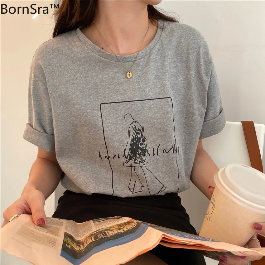 Утепленная свободная футболка с короткими рукавами из песочной ткани принтом