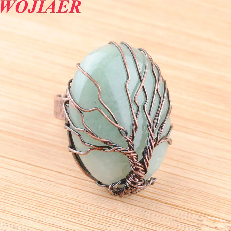 

WOJIAER 6Pcs Antique Rings for Women Natural Stone Egg Shape Bead Vintage Wire Wrapped Tree of Life Adjustable Ring PBO913