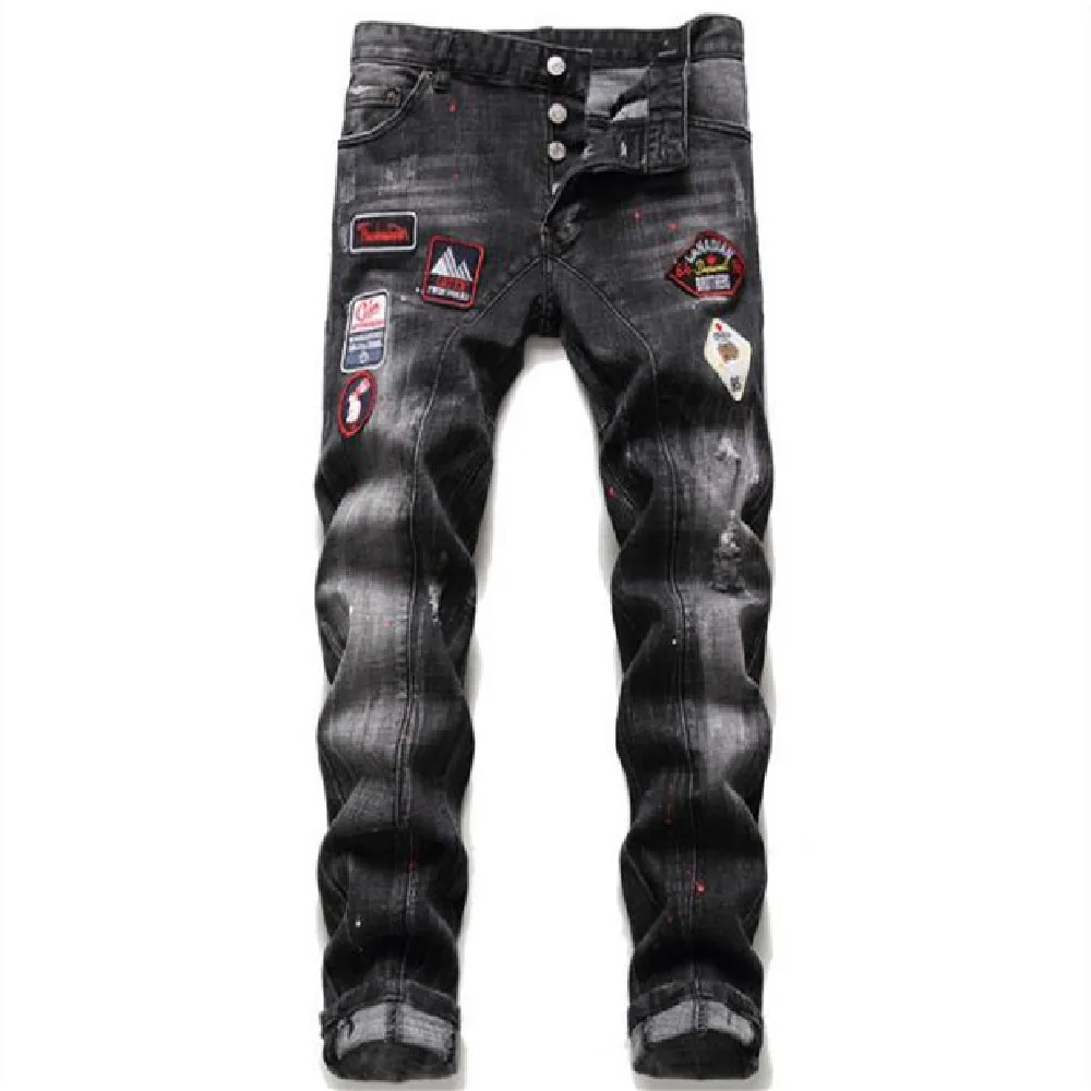 

Men's jeans new wear white do old splash-ink slim jeans men's torn hole paste stretch jeans European and American fashion jeans