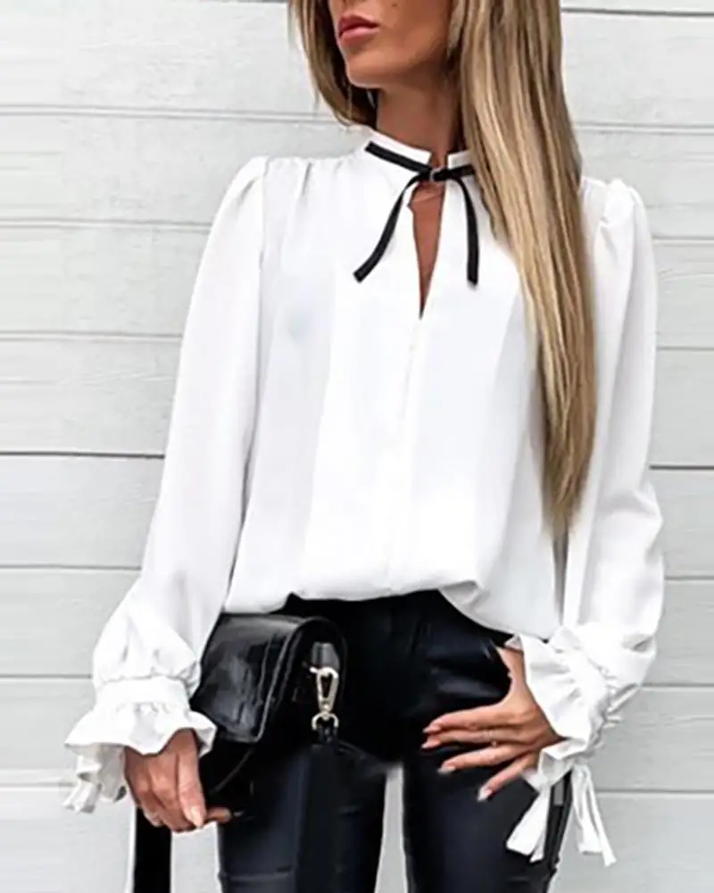Фото Женская шифоновая блуза с длинным рукавом и манжетами Повседневная Блузка