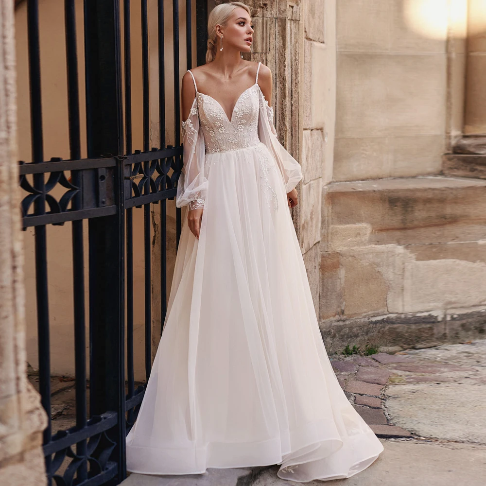 

Vestidos Charming Wedding Dresses Tulle Appliques Pleat V-Neck Spaghetti Straps Lace Up Ball Bridal Gowns