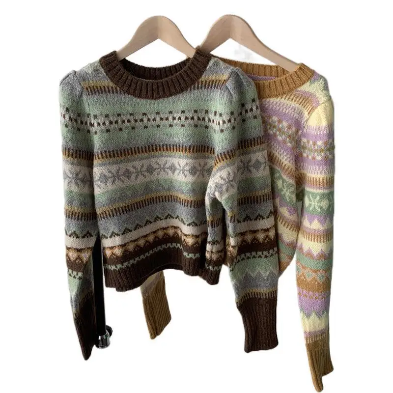 

Korean Chic Autumn Winter Crew Neck Pullover Stripe Loose And Versatile Long Sleeve Knitted Sweater Pull Femme Hiver Wn*
