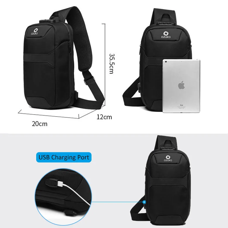 OZUKO Men Anti-theft Crossbody Bags Male Oxford Waterproof USB Charging Chest Pack Sling Bag Short Trip Messenger Shoulder |