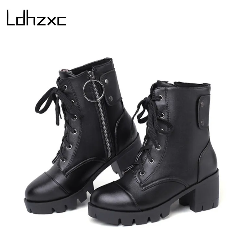 

LDHZXC 2020 Autumen Winter Women Shoes Round Toe Gothic Style Punk Female Ankle Boots Lace-Up Thick High Heels Ladies Shos Black