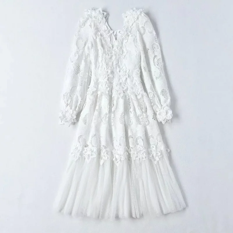 Top Quality White Dress 2022 Spring Fashion Party Wedding Women V-Neck Hollow Out Embroidery Mesh Patchwork Long Sleeve Dress