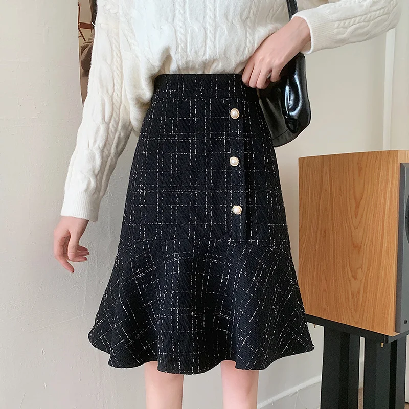 

Новая женская шерстяная юбка осень-зима Элегантная мода Чернить Высокая талия Оборками До колен Узкая твидовая юбка трапециевидной формы в...