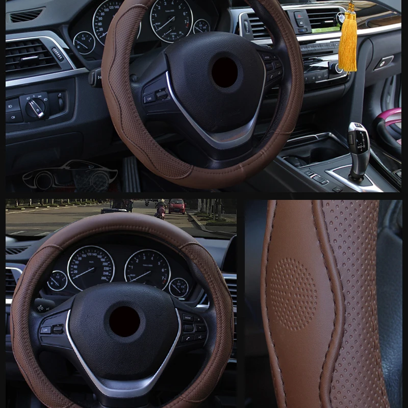

Universal Car PU Leather Steering Wheel Cover Anti-slip Skidproof Durable 38CM/15" Dynamic Fibre Handmade Steering Wheel Cover