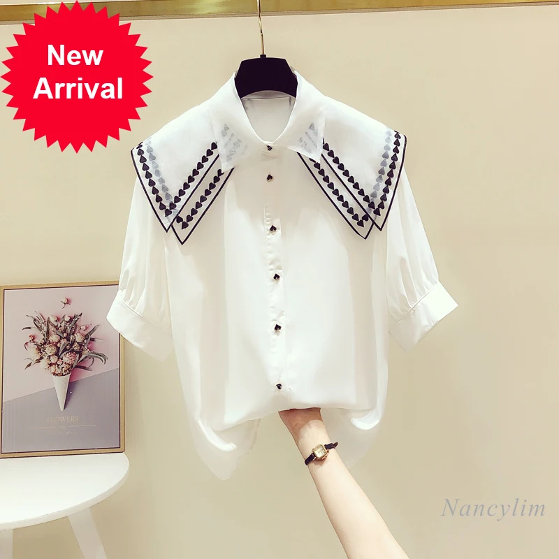 

Love Embroidered Double Doll Collar Shirt Women's Short Sleeve Blouses 2021 Summer New Design Ladies Tops Blusas