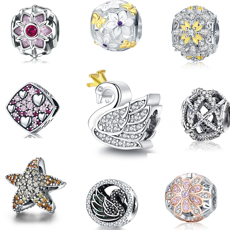 9 Style 100% 925 Sterling Silver Crystal Swan Flower Pink CZ Beads fit Women Charm Bracelets DIY Jewelry Girlfriend Gift | Украшения и