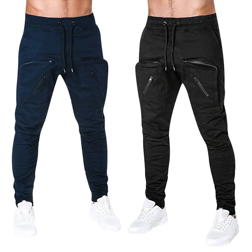 

Vogue Men's Fashion Pure Color Pocket Zipper Casual Sports Trousers Long Pants Fitness Casual Ankle-Length Male Trousers