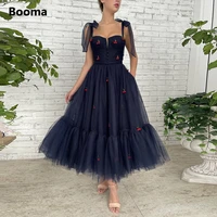 booma simple navy blue tulle midi prom dresses bow straps cherry crystals tea length a line wedding party dresses formal gowns