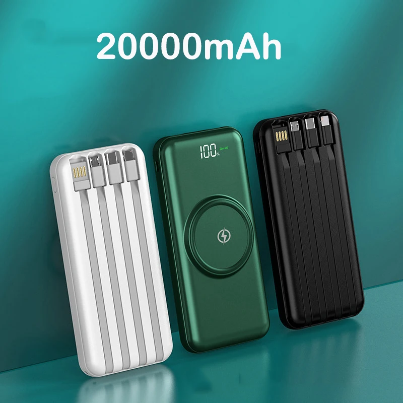 

20000mAh Power Bank Qi Wireless Charger Powerbank Built in Cable Portable Charger for iPhone 12 Pro Samsung S21 Xiaomi Poverbank