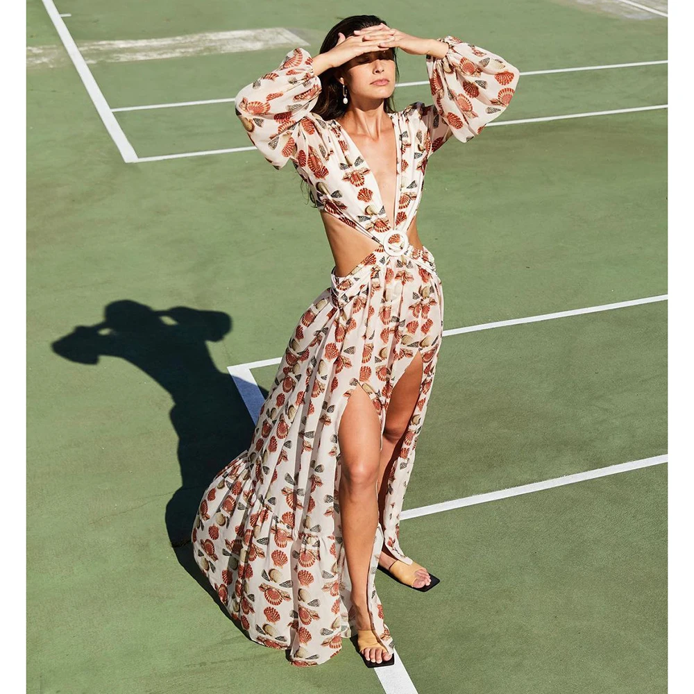 

Beach Dress Bikini Cover Up Print Bathing Suit Women Kimono Plus Size Tunic Sexy Long Sleeve Swimwear Cover-Ups