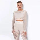 Женский белый комплект для йоги из двух предметов, бесшовная спортивная одежда с вырезами, короткий топ, бюстгальтер, леггинсы, спортивные комплекты для фитнеса, тренировочный костюм для спортзала