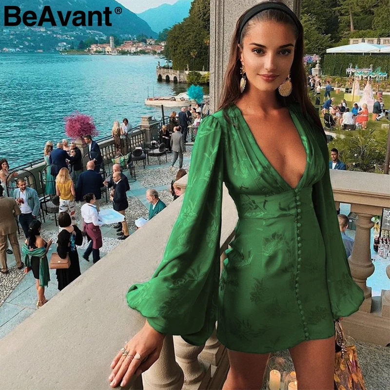 BeAvant, сексуальное короткое платье с v-образным вырезом для вечеринки, зеленая лента, элегантное платье для женщин, рукав-фонарик, однобортное ТРАПЕЦИЕВИДНОЕ мини-платье, летнее