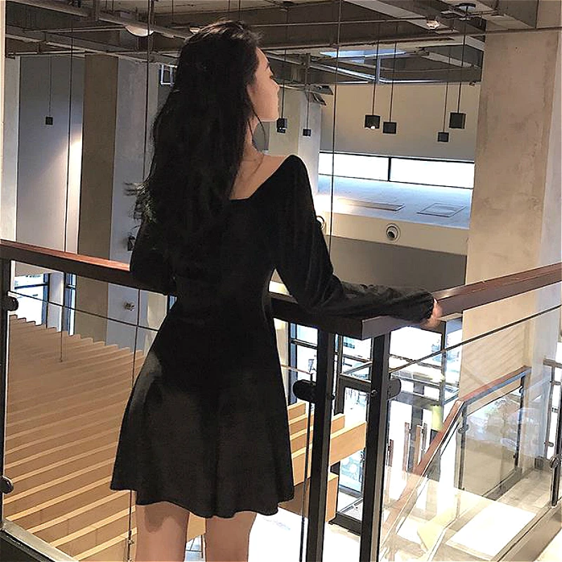 

Long Sleeve Dress Women Square-collar Bow Elegant Backless Mini A-line Velvet-fabric Fashion Retro Womens Vestidos Chic Trendy