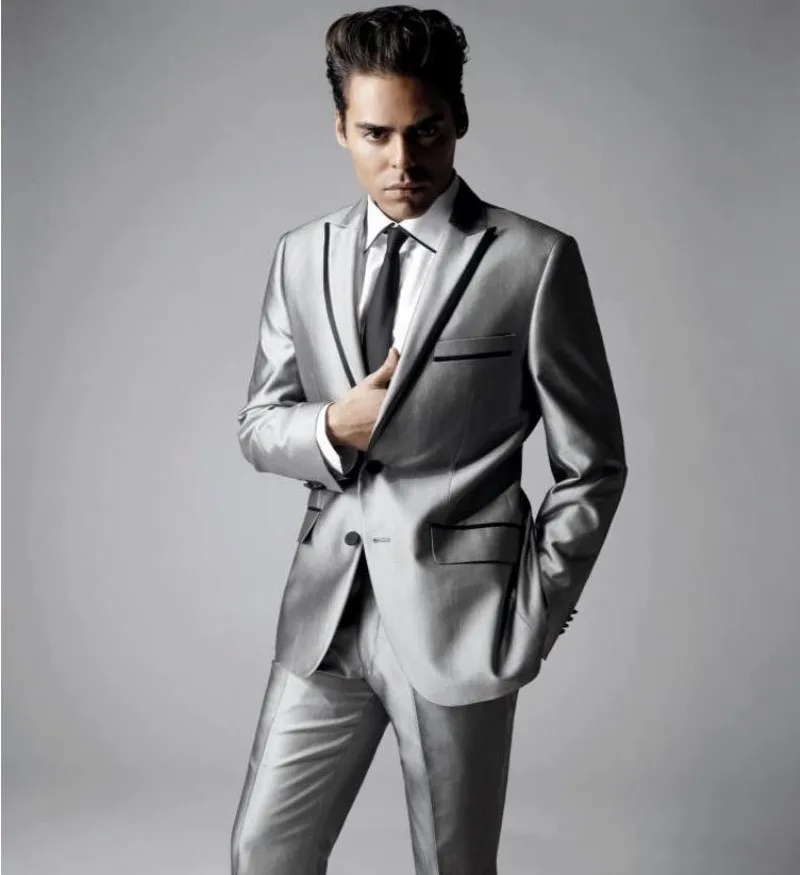 

Новинка 2022, стильные смокинги для жениха с пиковым отворотом, серебристо-серые мужские костюмы, Свадебный костюм для мужчин (пиджак + брюки + ...