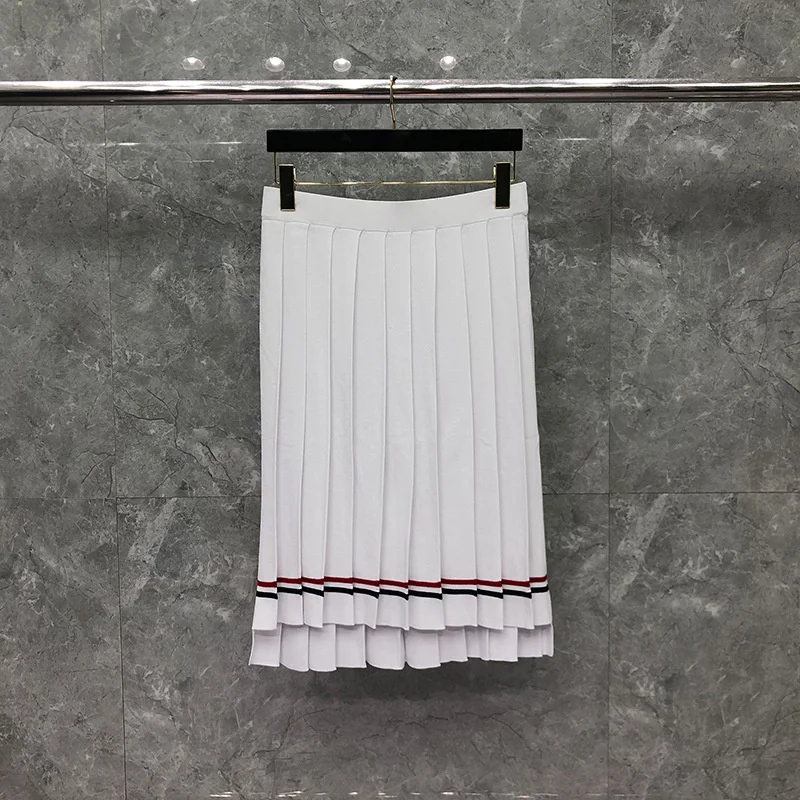 

2021 Fashion Brand Skirts Women Slim Skirts Knee Length White Skirt Solid Striped Casual Autumn Winter Pleated Skirt