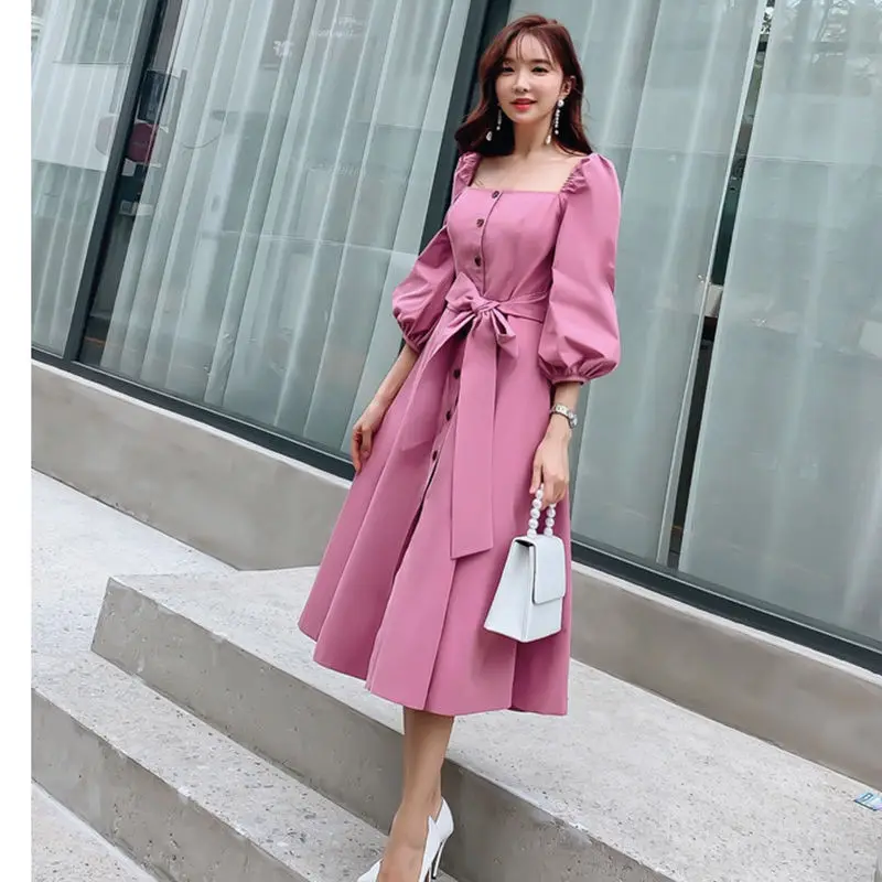 

Bow Solid French Dress Women Elegant Vintage Solid Split Puff Half Sleeve Designer Midi Dress Chic Women's Clothing Autumn 2020