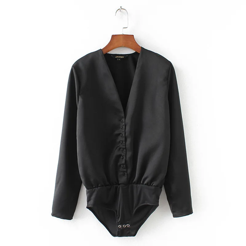 Женский шифоновый комбинезон с длинным рукавом и треугольным вырезом на кнопках