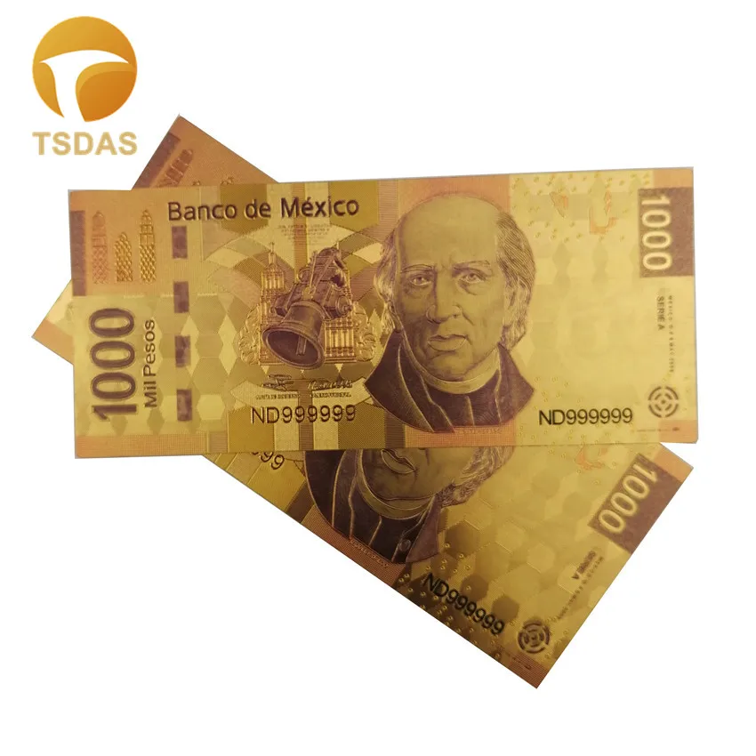 Mexican 1000 Pesos 24k Foil Plastic Gold Banknote Gift Card Paper Money Home Decorative Souvenir Banknotes for Collection|Золотые