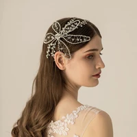 o529 handmade crystal rhinestone adjustable elastic headband wedding bridal hair accessories with beads and chained flowers