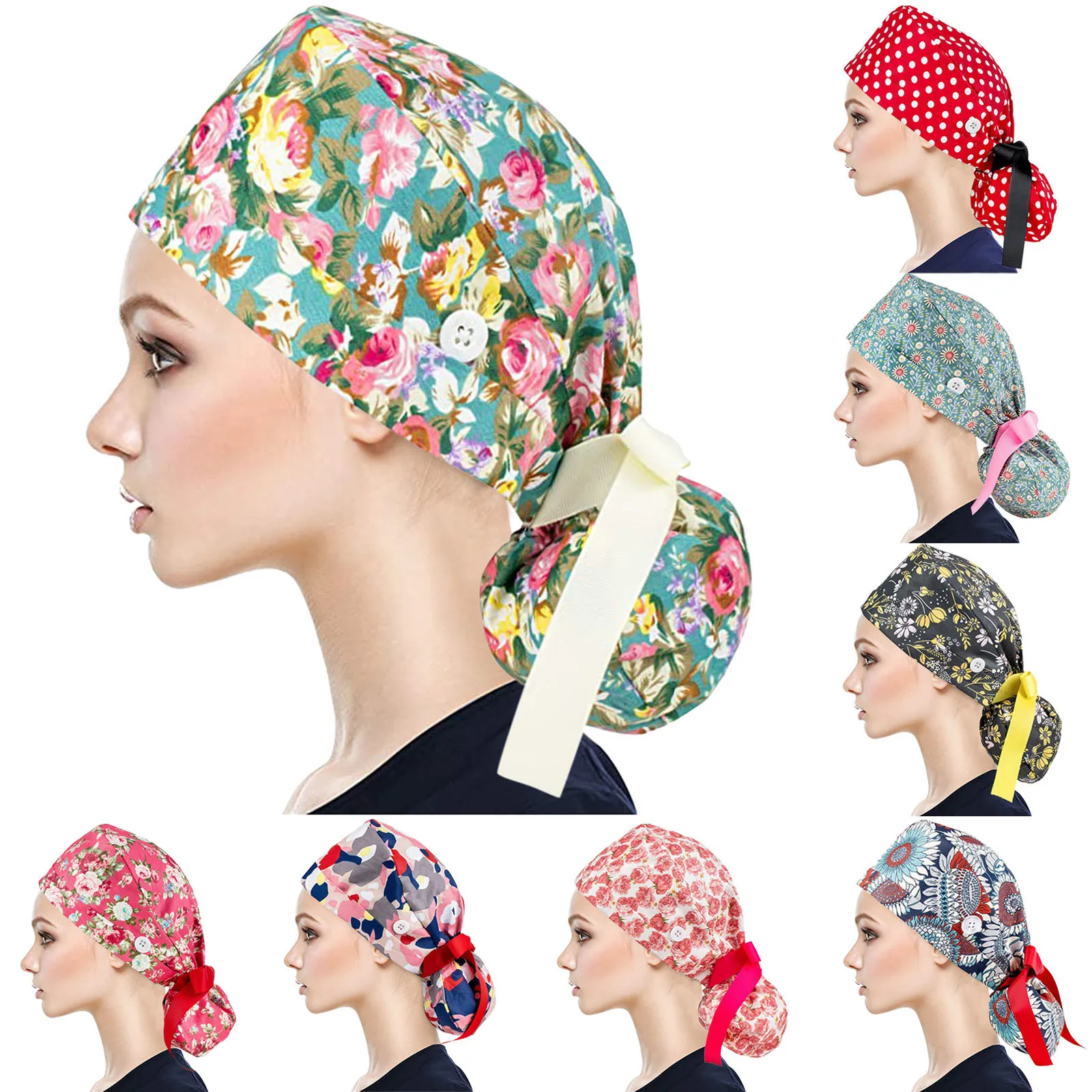 

Hospital Laboratory Cotton Print Working Scrub Cap With Buttons Women Men Bouffant Turban Nurse Hats Gorro Enfermera A50