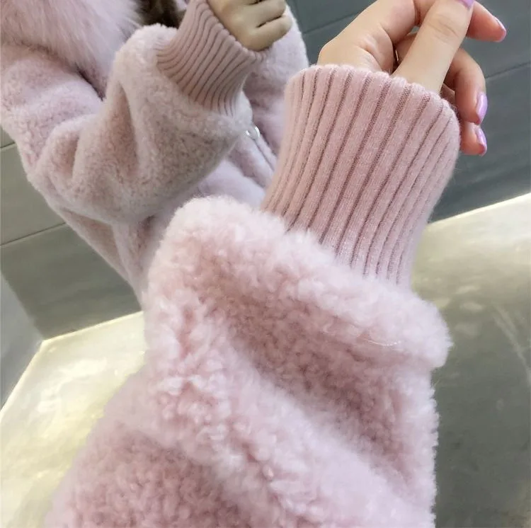 

Outwear Women's 2020 Autumn Winter Models Imitation Fox Fur Collar Sheep Shearing Fur Coat Korean Hooded Wool Coat Female B1