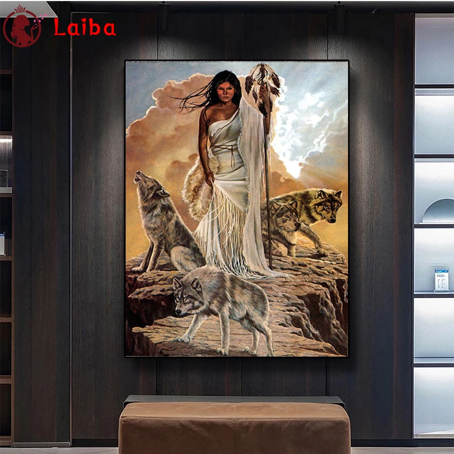 

DIY Diamond Painting Abstract art vintage indian woman and wolf Diamond Mosaic Full Drill Square Cross Stitch Handmade Hobby
