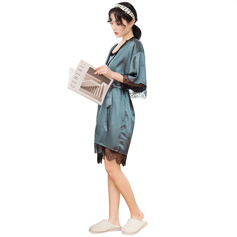 

2021 spring and summer women's simulation silk sling nightgown women's summer home service lace sexy nightgown women's two-piece