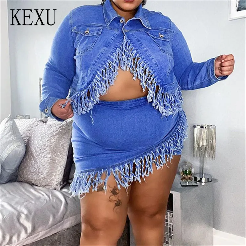 

KEXU Tassel Cowboy Two Piece Suit Long Sleeve Turn Down Collar Pockets Button Up Crop Top and Irregular Mini Skirts Streetwear