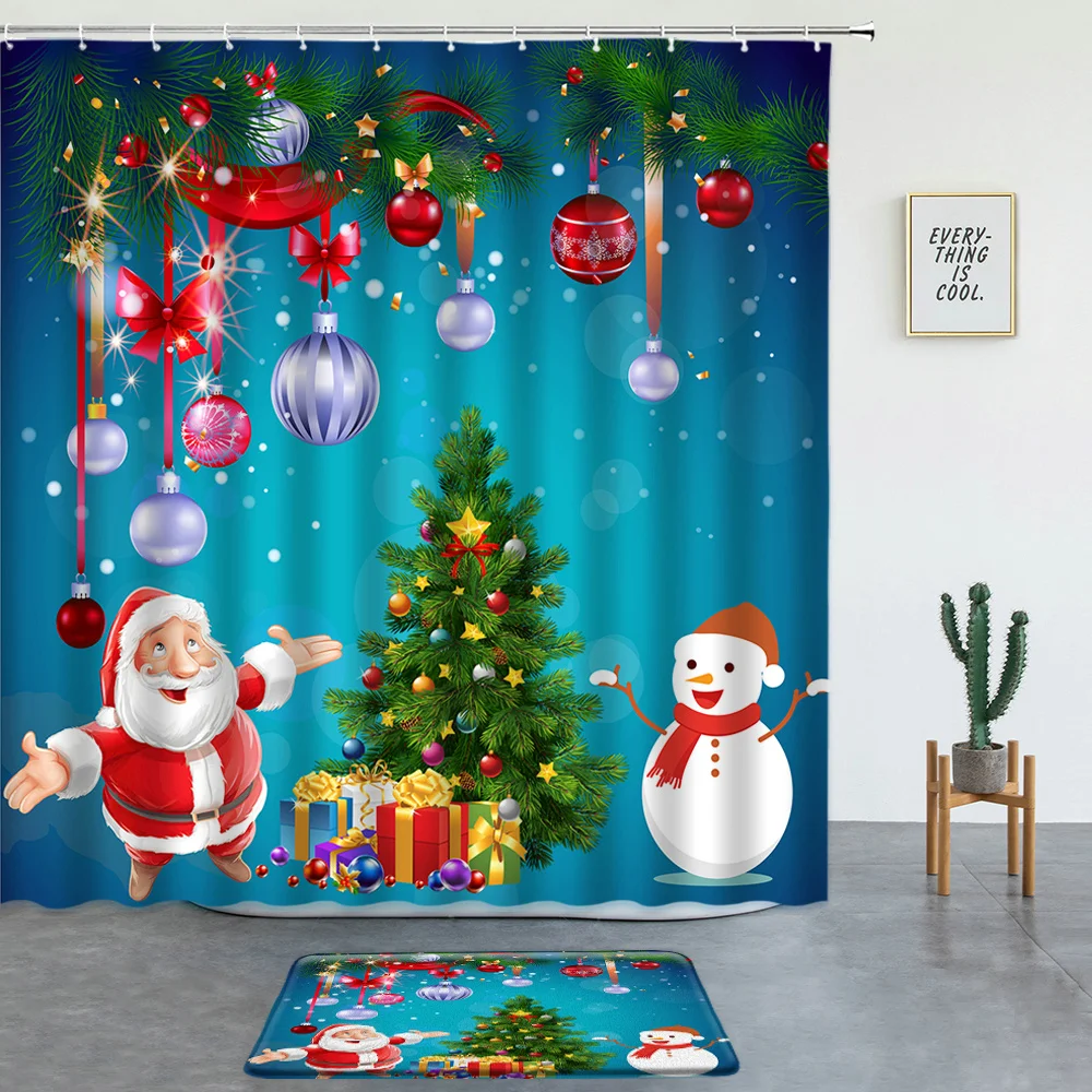 

2 Pcs Xmas Shower Curtains Set Bath Mat Christmas Room Decoration Santa Claus Snowman Holiday Blue Bathroom Screen Non-slip Rugs