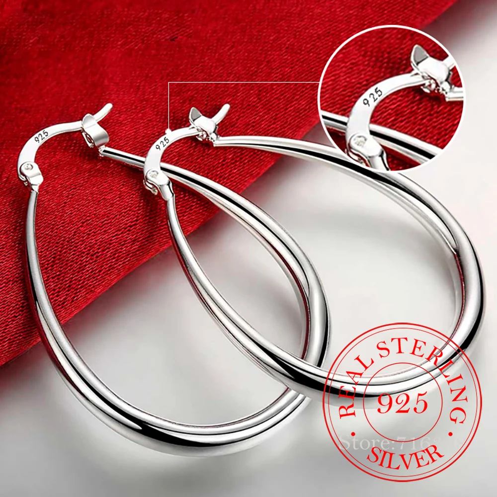 

41MM 925 Sterling Silver Smooth Circle Big Hoop Earrings For Women Lady Fashion Charm High Quality Wedding Jewelry Gift