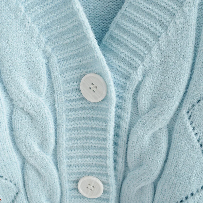 

Elegant 2021 Blue Color Korean V-Neck Long Sleeve Hollow Crochet Single-Breasted Short Flower Sweater Knitted Cardigan BHN0788
