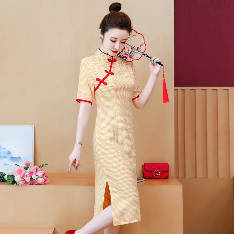 

M-4XL Plus Size Vintage Yellow Plaid Chinese Traditional Casual Party Women qipao Dress Short Sleeve Summer Cheongsam Dresses