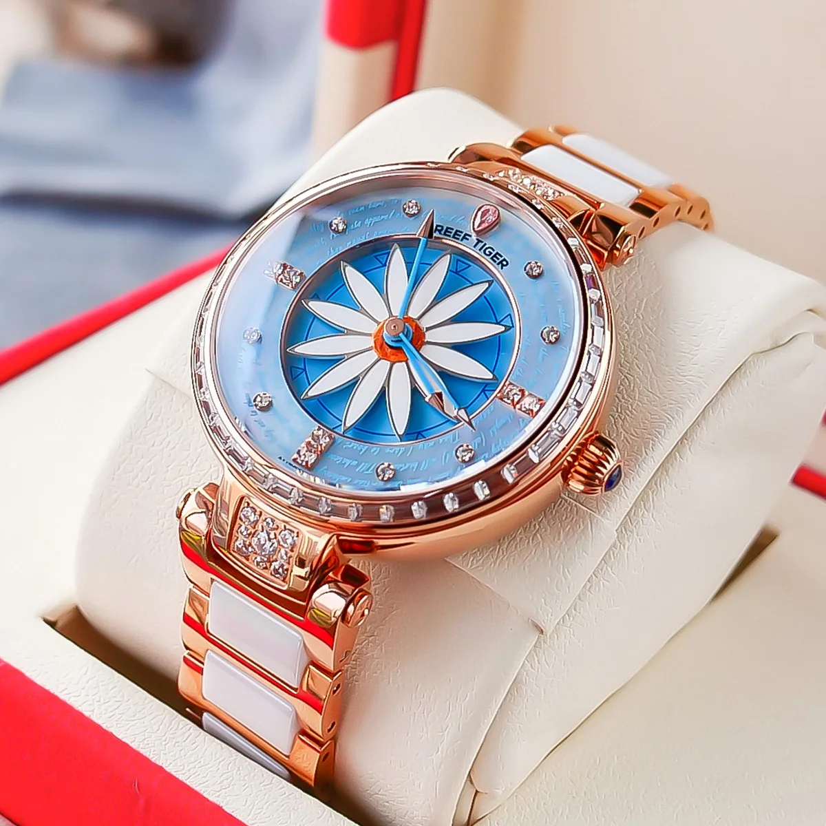 Reef Tiger/RT Fashion Lily Women Watch Rose Gold Diamonds Bezel Lady Automatic Watches Relogio Feminino RGA1599 enlarge
