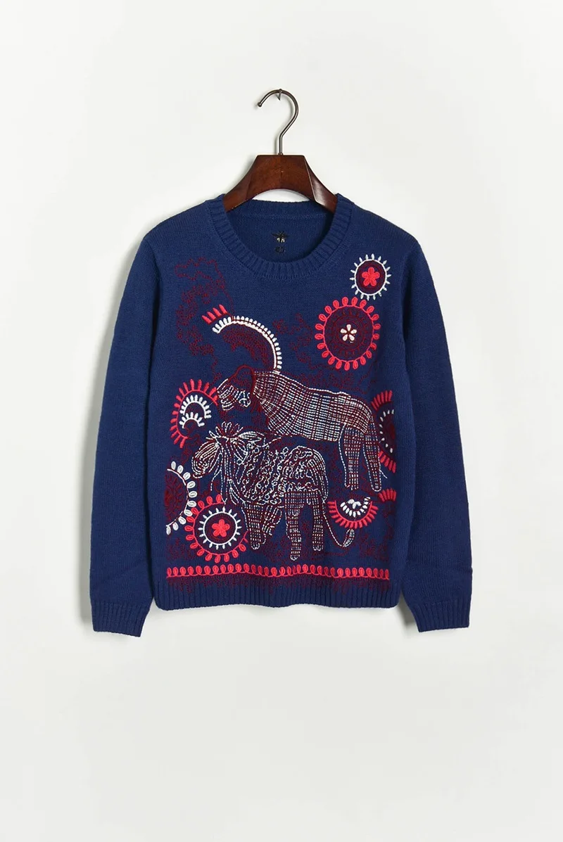 Роскошный женский свитер 2020 Runway Темно-Синий Свободный пуловер с вышивкой