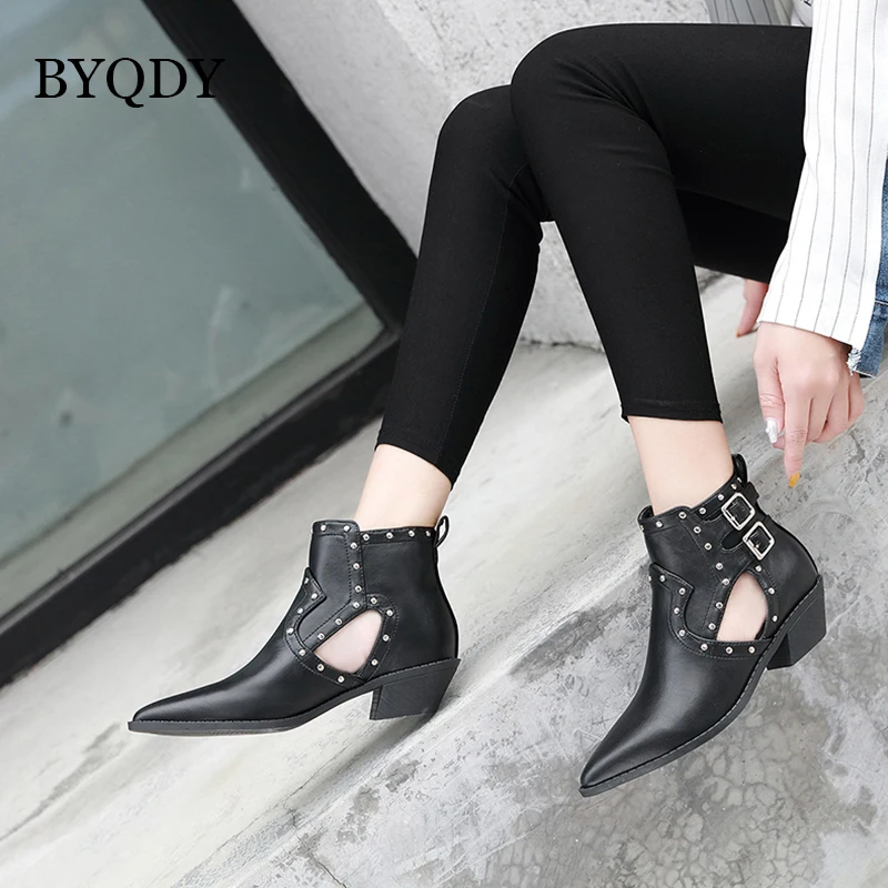 BYQDY Sexy Rivets Autumn Ankle Boots For Woman Cow Leather Chunky Heel Zipper Ladies Booties Buckle Solid Black Short | Обувь