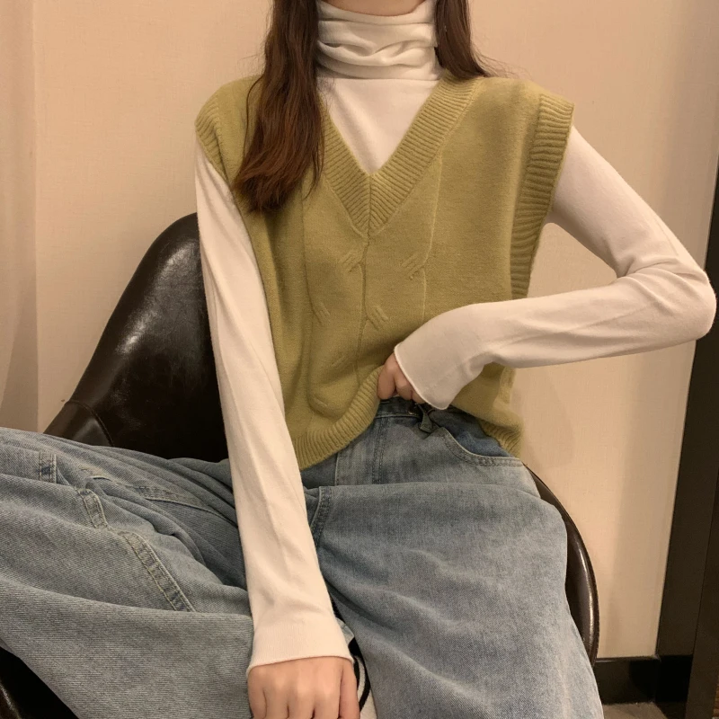 

Женский свитер-жилет, осень 2020, корейский стиль колледжа, v-образный вырез, маленький, свежий, короткий, без рукавов, свободный, студенческий, ...