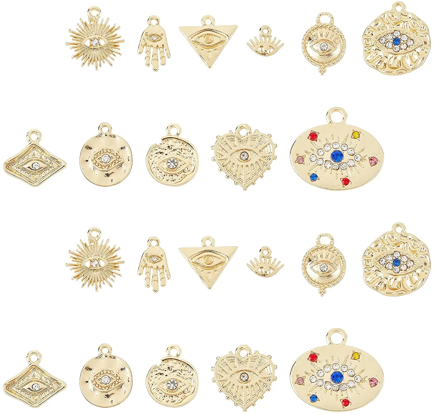 

1 box of 22 pieces of 18K gold-plated evil eye charms bulk alloy rhinestone pendant jewelry earrings bracelet necklace making