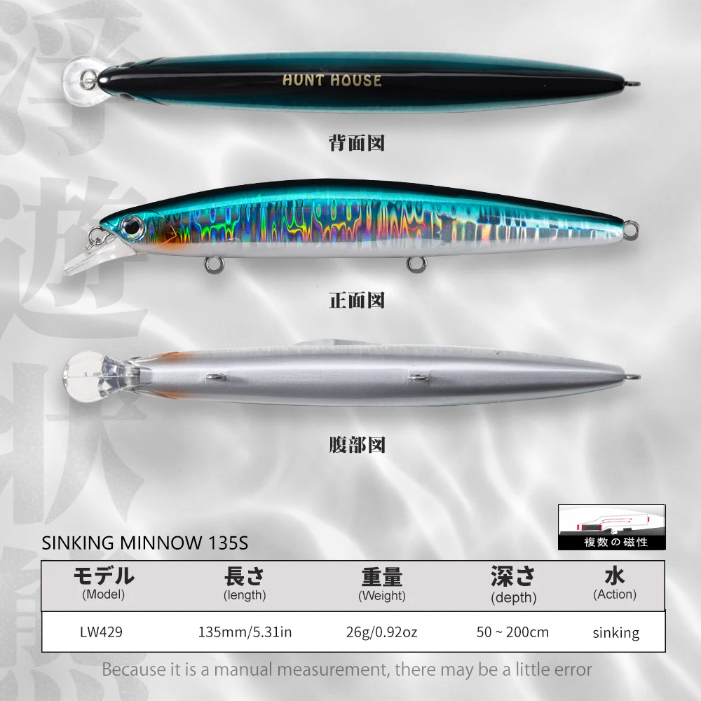 Hunthouse Jetty 135S Sinking Minnow Fishing Lures 135MM/26G Wobbling Bait Artificial Long Cast Hard Lure For Seabass Pesca LW429