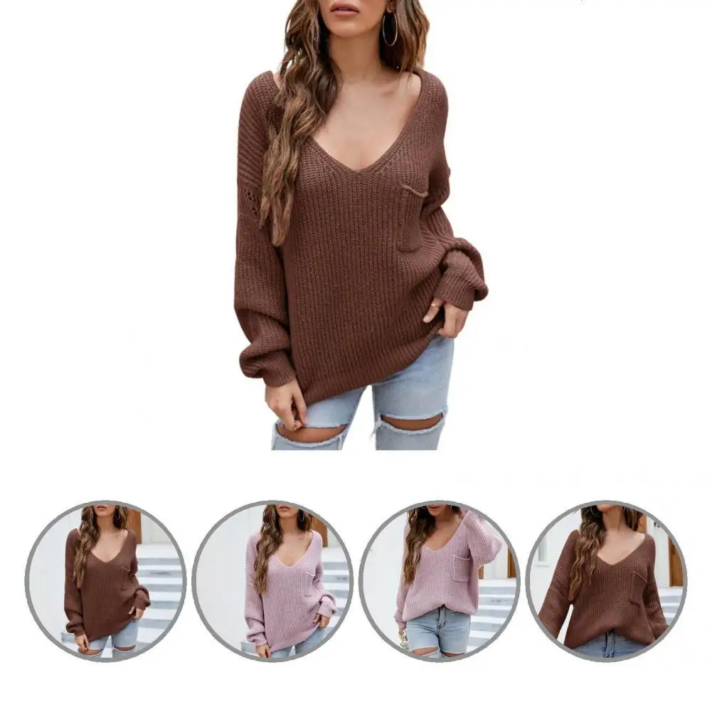 

Lady Popular V Neck Long Sleeve Sweater Streetwear Autumn Sweater Pocket for Gathering