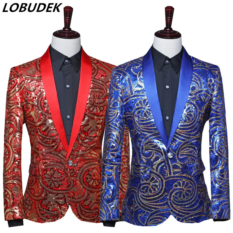 Formal Tuxedo Men's Blue Red Flower Sequins Shawl Collar Suit Jackets Singer Chorus Host Stage Performance Coat Sequin Blazers