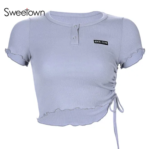 Sweetown синяя боковая бандажная Базовая футболка женская с коротким рукавом О-образным вырезом с буквенным принтом Эстетическая одежда с пуговицами тонкая сексуальная футболка - Цвет: blue